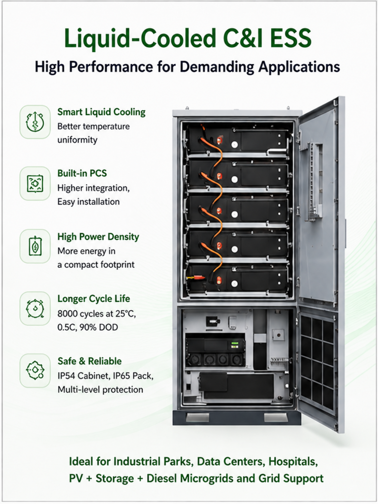Liquid-cooled C&I energy storage system with smart liquid cooling and built-in PCS
