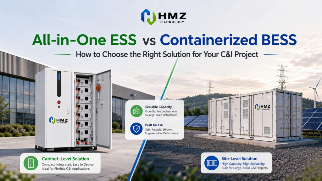 All-in-One ESS, Containerized BESS, C&I ESS, Commercial Energy Storage, Industrial Energy Storage, Battery Energy Storage System, BESS, Air-Cooled ESS, Liquid-Cooled ESS, Built-in PCS, LFP Battery, PV Storage, Microgrid Energy Storage, Backup Power, Peak Shaving, Load Shifting, Industrial Park Energy Storage, HMZ Technology