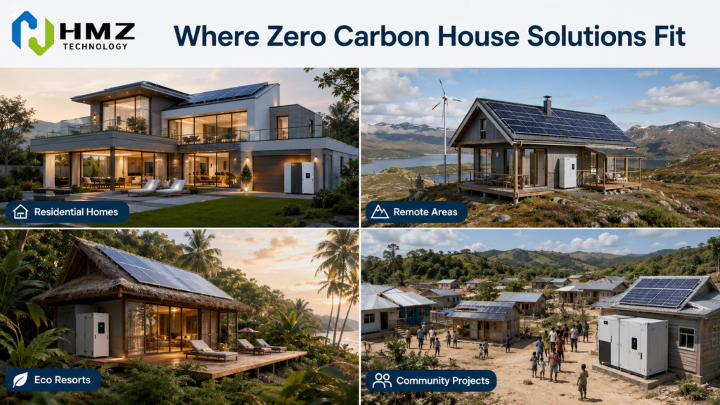 Zero carbon house solutions can be adapted for villas, remote homes, eco-lodges, rural residences and green building projects.