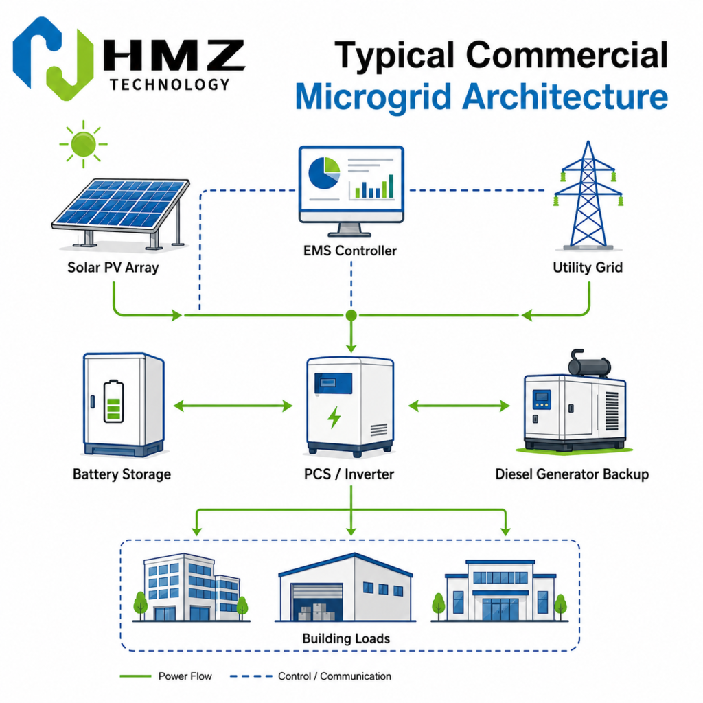 The architecture of a commercial microgrid showing the connection between solar PV, battery energy storage system, EMS controller, inverter and facility loads.
