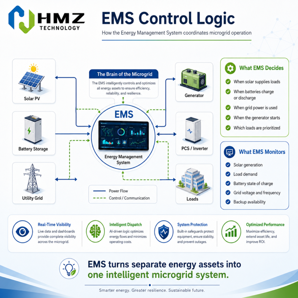 An EMS integrates different energy resources into one intelligent control system. It monitors energy generation, demand, battery status and grid conditions to optimize microgrid performance.