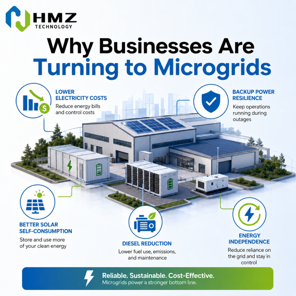 This diagram explains how a solar battery microgrid operates under different conditions including normal grid operation, island operation and emergency backup power.