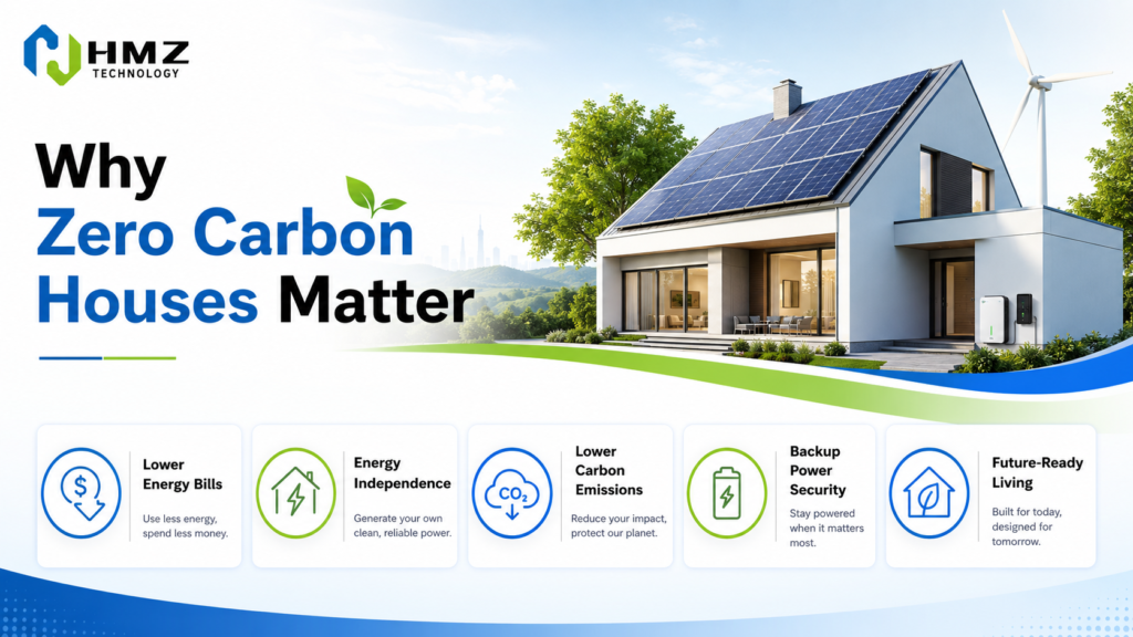 A zero carbon house usually works through a coordinated system of solar PV, inverter, battery storage and smart load management.