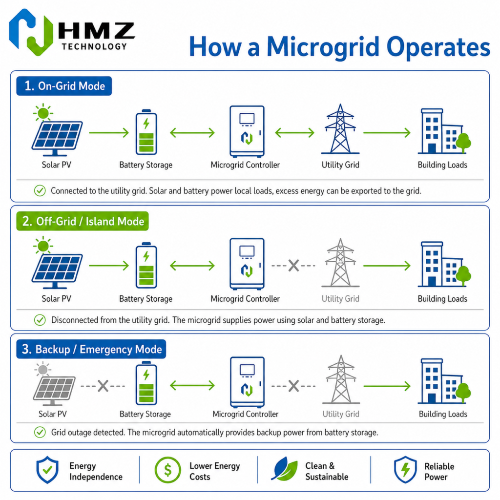 Examples of microgrid applications including factories, commercial buildings, hospitals, telecom infrastructure and remote sites.