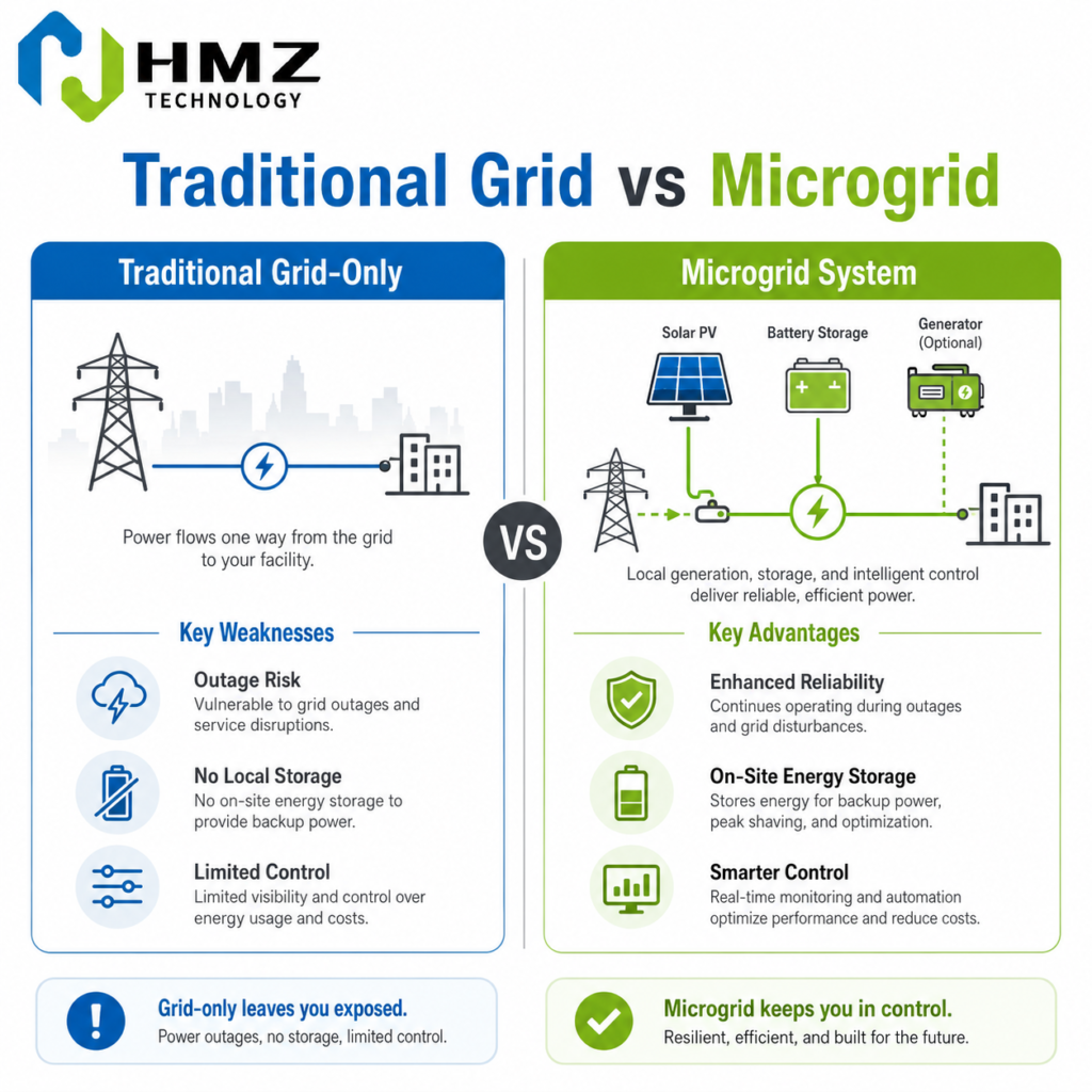 Comparison showing the advantages of microgrid systems over traditional grid-only electricity supply, including reliability, storage capability and energy management.