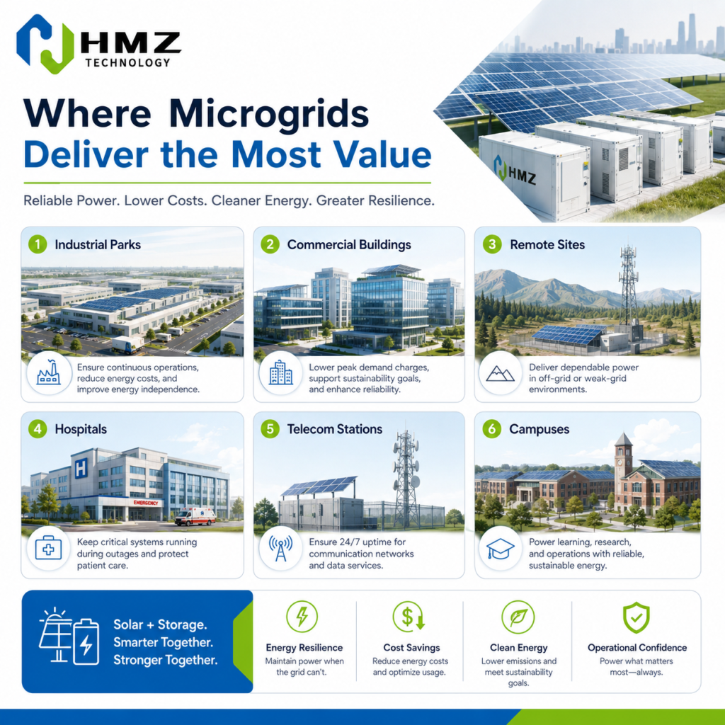 Detailed commercial microgrid system architecture demonstrating power flow between solar PV, battery storage, EMS controller, inverter, generator and building loads.