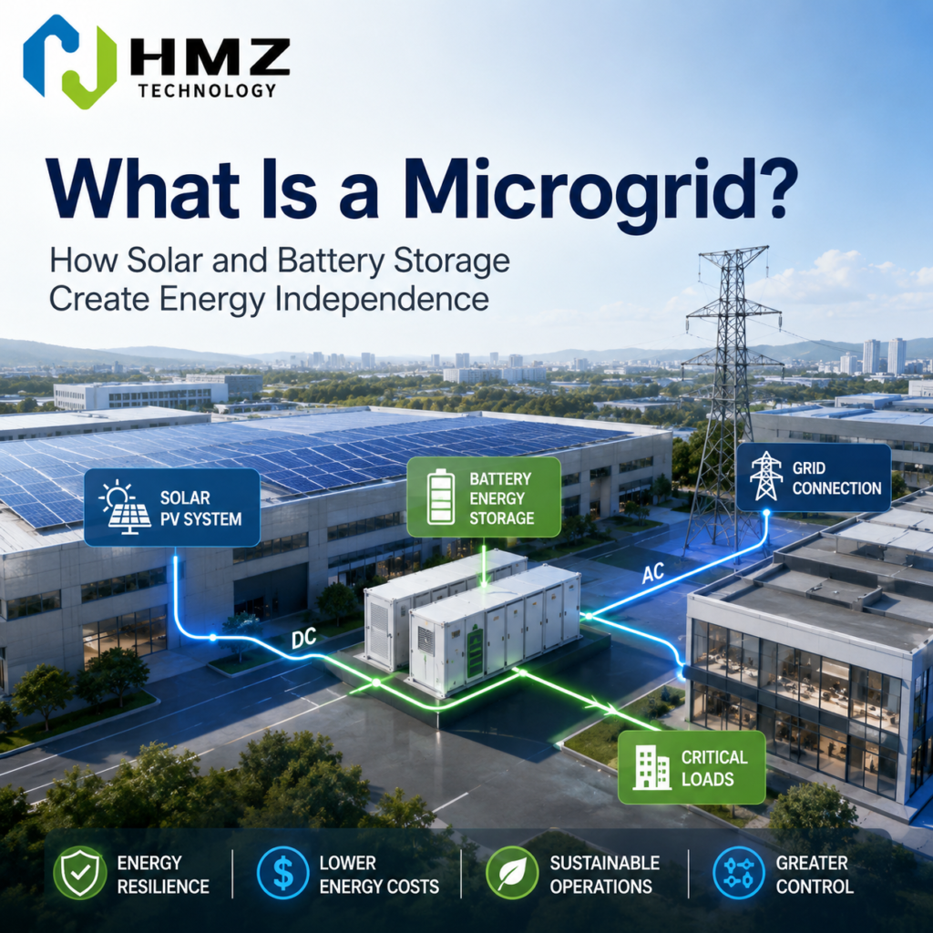 A microgrid integrates solar PV, battery storage and intelligent energy management to improve energy independence.