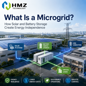 A microgrid integrates solar PV, battery storage and intelligent energy management to improve energy independence.