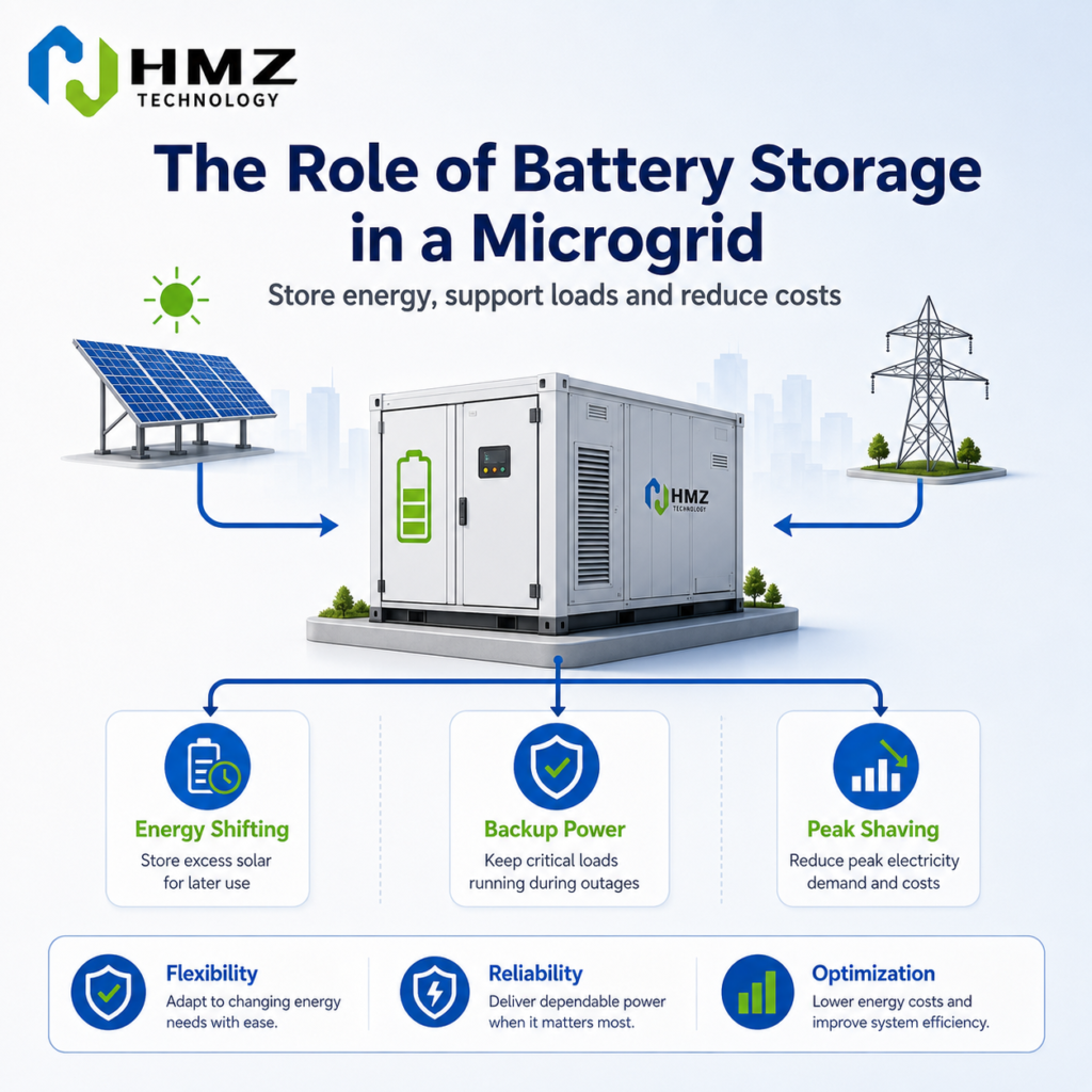 Battery energy storage functions in microgrids including renewable energy storage, backup power supply and peak demand management.