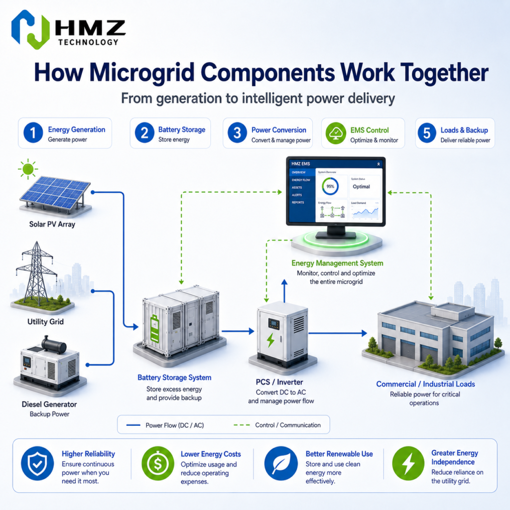 Integrated energy flow enables intelligent power management and greater energy independence.
Description
Complete microgrid energy flow showing how generation, storage, control systems and loads interact.