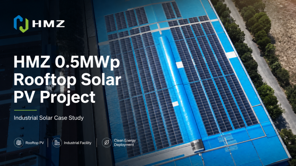 Close-up image showing solar modules installed on the factory rooftop of Zhuoer Electric as part of the HMZ rooftop solar project.