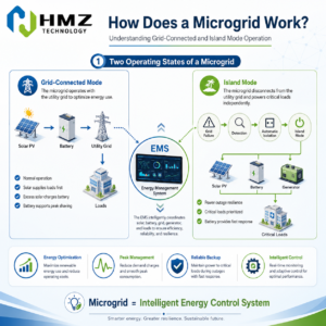 A microgrid operates in two main modes: grid-connected mode for energy optimization and island mode for reliable backup power during grid failures.