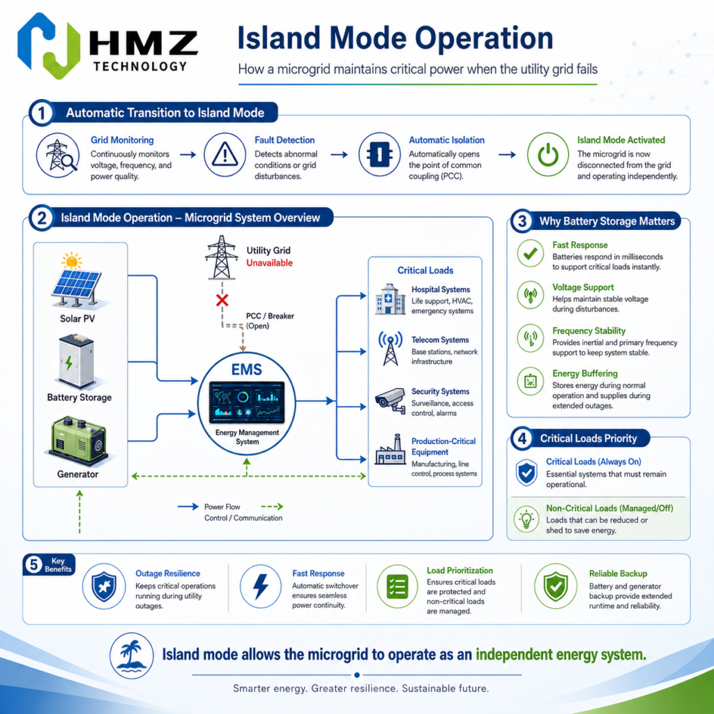 Island mode enables a microgrid to operate independently from the utility grid. Battery storage provides fast response while solar PV and generators support long-duration backup power.