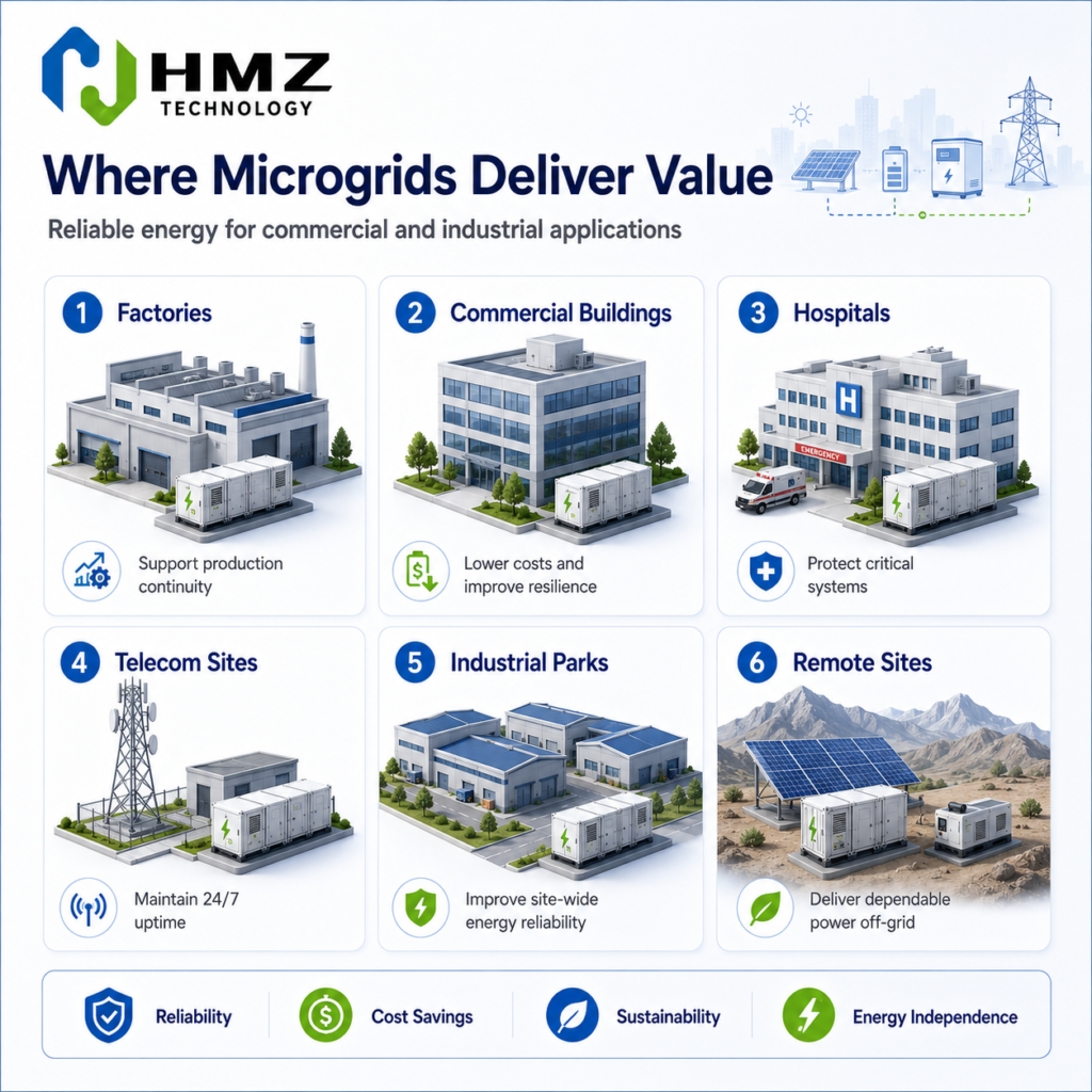Examples of facilities benefiting from microgrid systems, including factories, commercial buildings, hospitals and telecom sites.
