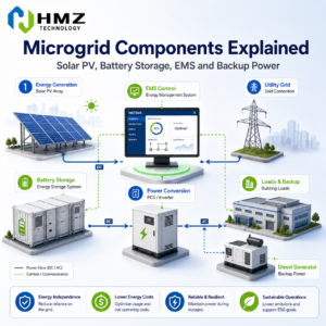 Overview of the main components of a modern microgrid solution, including solar PV, battery energy storage system, EMS controller, grid connection and backup generator.