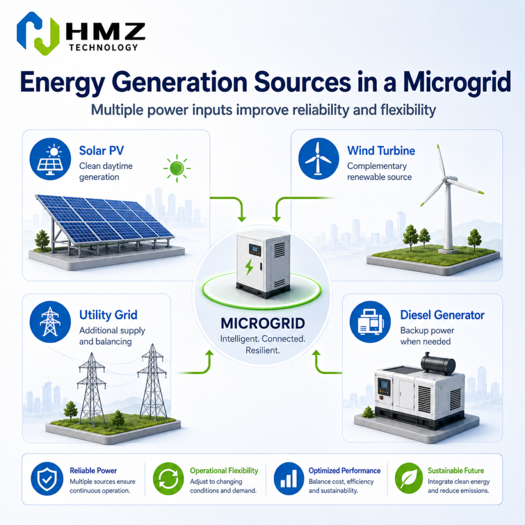 Illustration showing different energy generation sources used in microgrid systems, including renewable energy and backup generation.