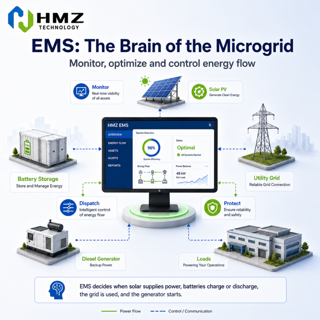 Smart EMS control system coordinating different microgrid components to optimize energy usage and improve reliability.