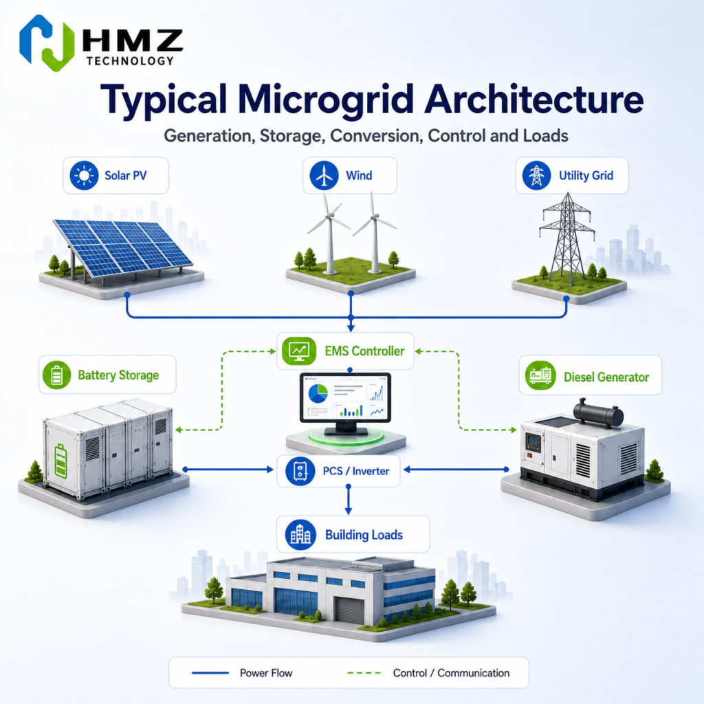 System architecture diagram explaining how solar PV, battery energy storage system, PCS, EMS and loads work together in a commercial microgrid.