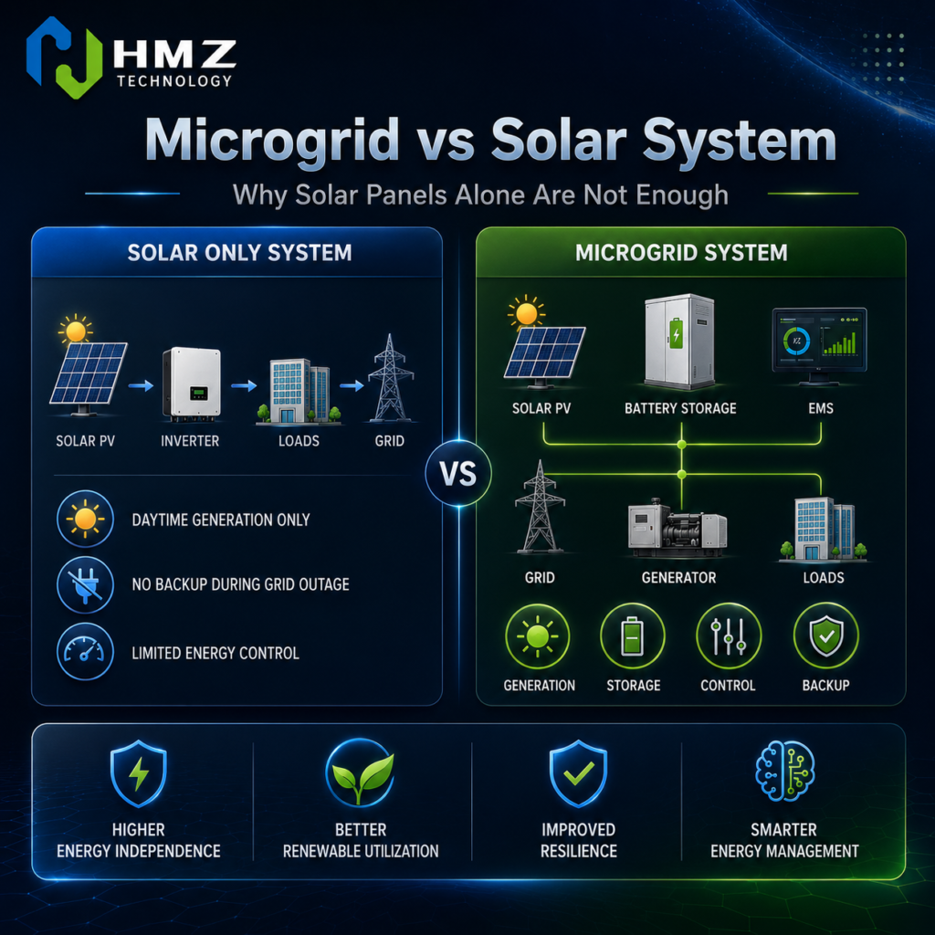 The infographic shows the transition from a basic solar PV system to a complete microgrid.
The upgrade path includes solar generation, battery storage integration, EMS control, backup power and intelligent energy optimization.