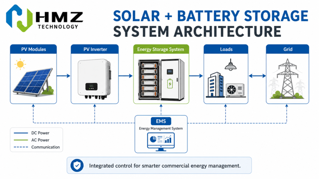 A complete solar-plus-storage system integrates solar generation, battery storage, grid connection and intelligent energy management.
