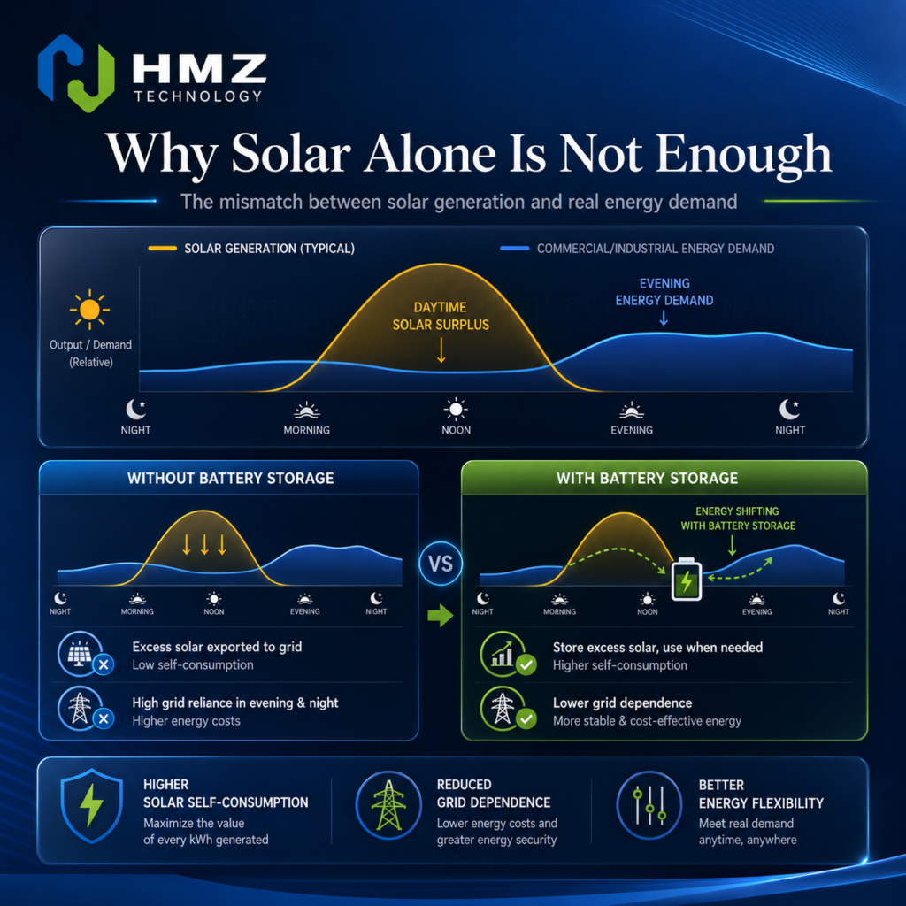 Chart showing the mismatch between solar generation and commercial energy demand and how battery storage improves energy utilization