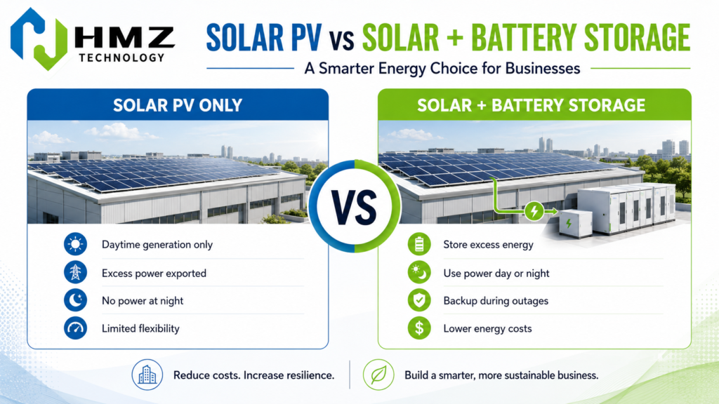 Solar PV generates clean energy, while battery storage allows businesses to use renewable power when it is needed.