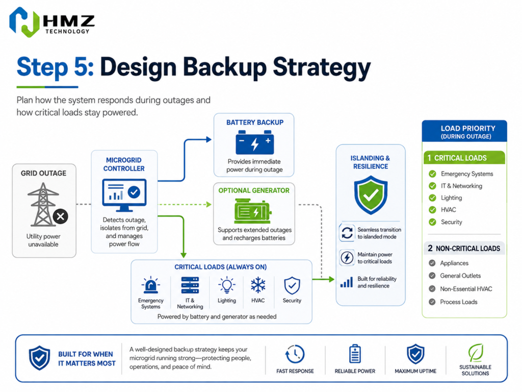 Commercial Microgrid Design Process
Alt: Commercial microgrid design process from load analysis and solar sizing to battery EMS and backup strategy
Caption: A reliable microgrid is built step by step around the site's actual energy requirements.