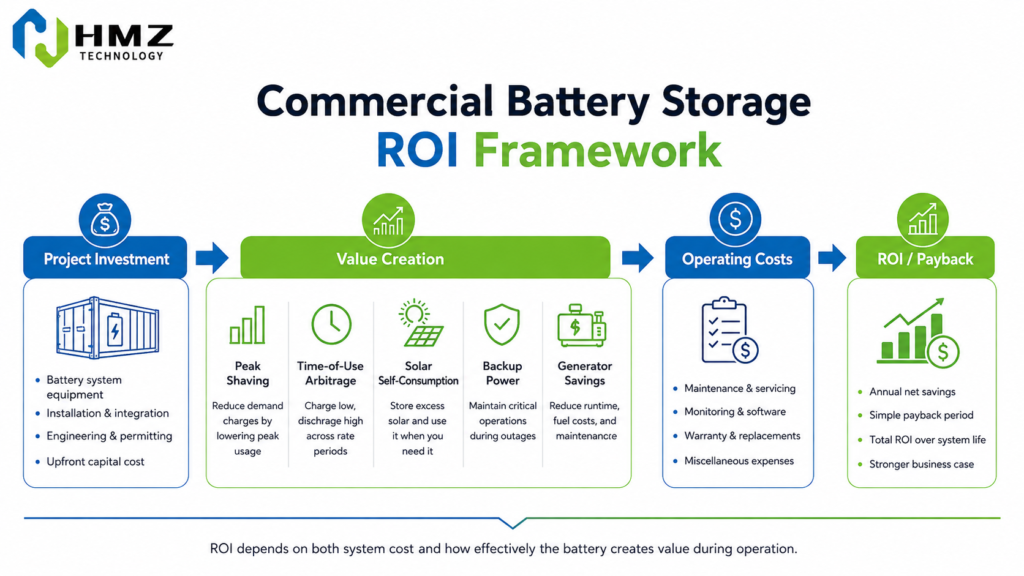 Commercial battery storage ROI framework showing investment annual savings operating costs and payback

Image Concept:
Investment on the left → annual value streams in the center → operating costs → ROI/payback result on the right.