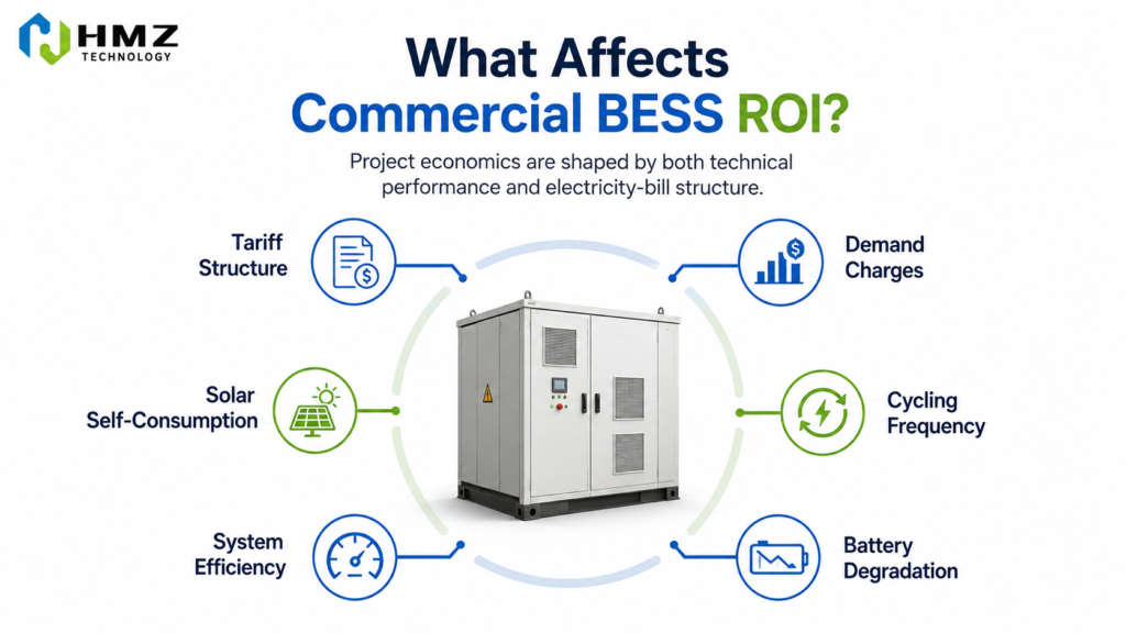 Factors affecting commercial battery storage ROI including tariffs demand charges cycling utilization efficiency and degradation

Image Concept:
Central BESS with six surrounding factors:
Tariff / Demand Charge / Solar / Cycling / Efficiency / Degradation.