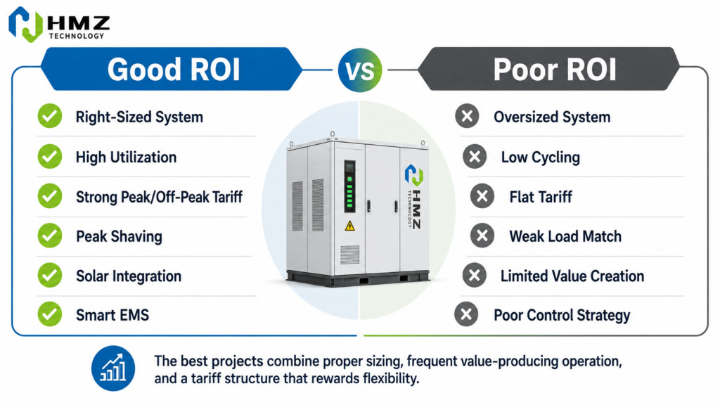 Good vs Poor Commercial Battery Storage ROI

Alt Text:
Good versus poor commercial battery storage economics based on sizing tariffs utilization and EMS strategy