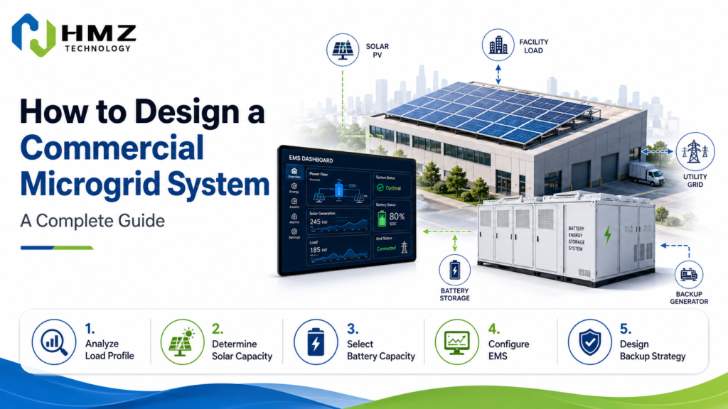 Position: After “Step 1: Analyze the Load Profile” File: commercial-microgrid-load-profile-analysis.jpg Title: Commercial Microgrid Load Profile Analysis Alt: Commercial microgrid load analysis showing daily energy consumption peak demand and critical loads Caption: Commercial microgrid design starts with understanding when and how the facility consumes electricity.
