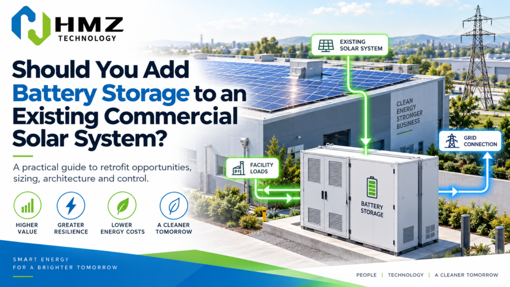 Adding battery storage to an existing commercial solar system can improve solar self-consumption, reduce peak demand and add backup capability. But not every PV site is a strong storage candidate. The decision should start with real load data, solar surplus, tariff structure and the existing electrical system.