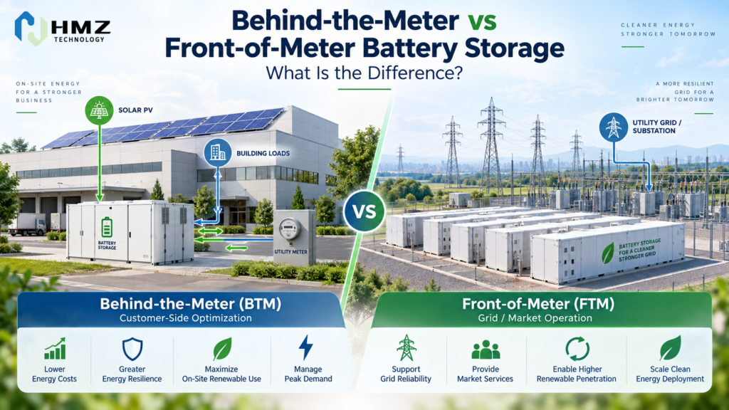Behind-the-meter and front-of-meter battery storage systems may use similar battery technology, but they serve very different purposes. BTM systems sit on the customer side of the meter and focus on energy cost, solar self-consumption and resilience, while FTM systems interact more directly with the grid and energy market.
