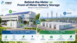 Behind-the-meter and front-of-meter battery storage systems may use similar battery technology, but they serve very different purposes. BTM systems sit on the customer side of the meter and focus on energy cost, solar self-consumption and resilience, while FTM systems interact more directly with the grid and energy market.