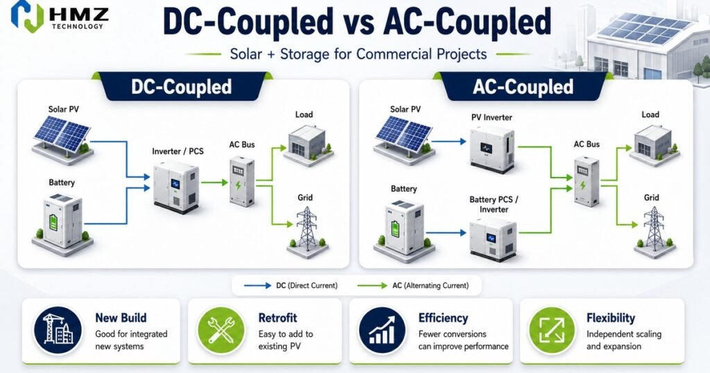 DC-coupled and AC-coupled solar + storage systems can both work well in commercial projects, but they solve different design problems. New-build projects often prioritize integrated architecture, while retrofit projects may benefit from the flexibility of AC coupling.