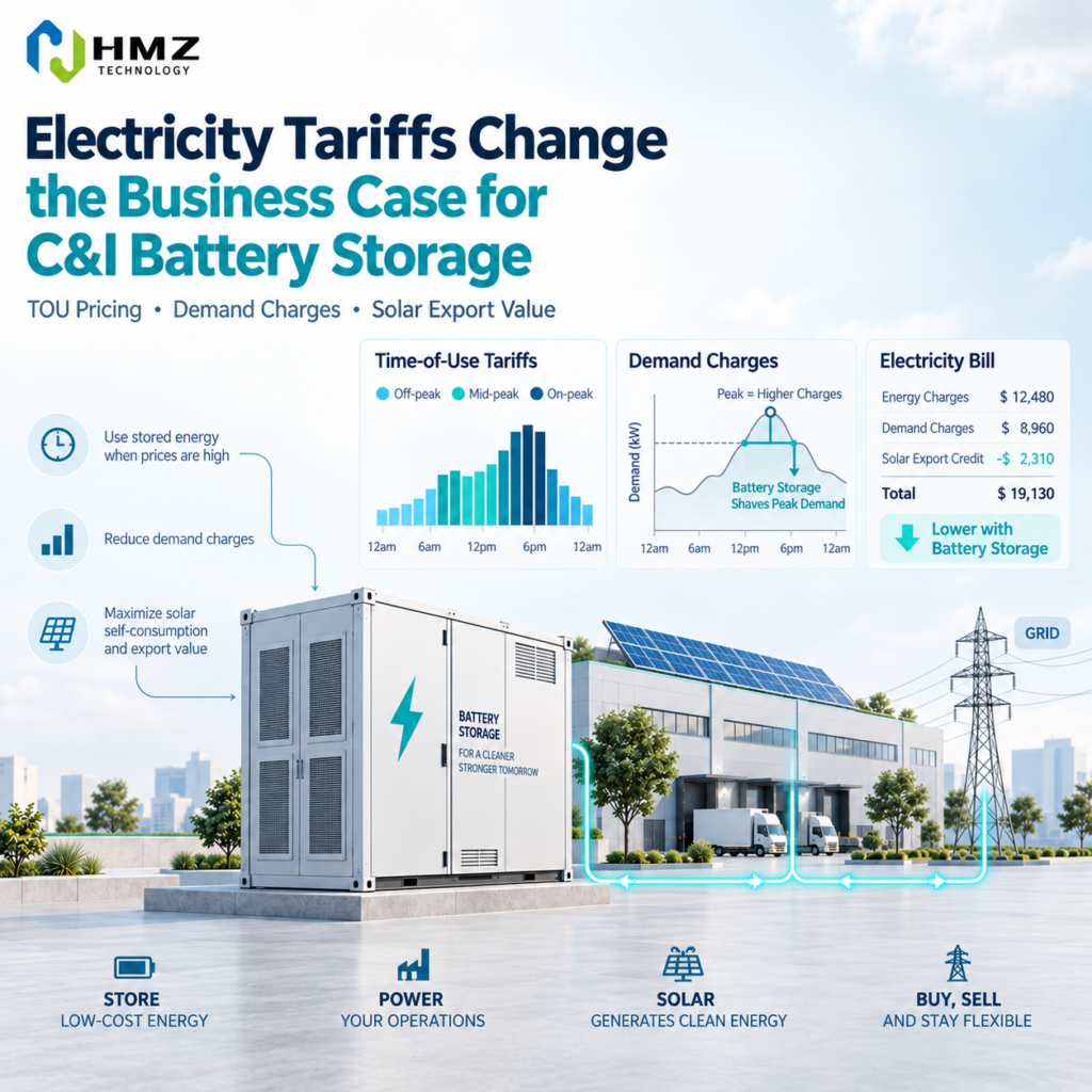 The same commercial battery can produce very different financial results under different electricity tariffs. Time-of-use pricing, demand charges, flat rates and solar export compensation all change how a BESS should be operated and whether the project has a strong business case.