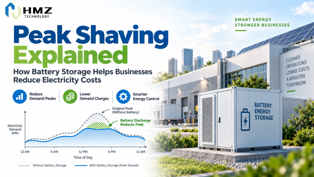 Peak shaving uses battery storage to reduce short periods of high grid demand. For commercial and industrial users with demand-based tariffs, this can lower electricity costs without changing the site's total production load.