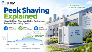 Peak shaving uses battery storage to reduce short periods of high grid demand. For commercial and industrial users with demand-based tariffs, this can lower electricity costs without changing the site's total production load.