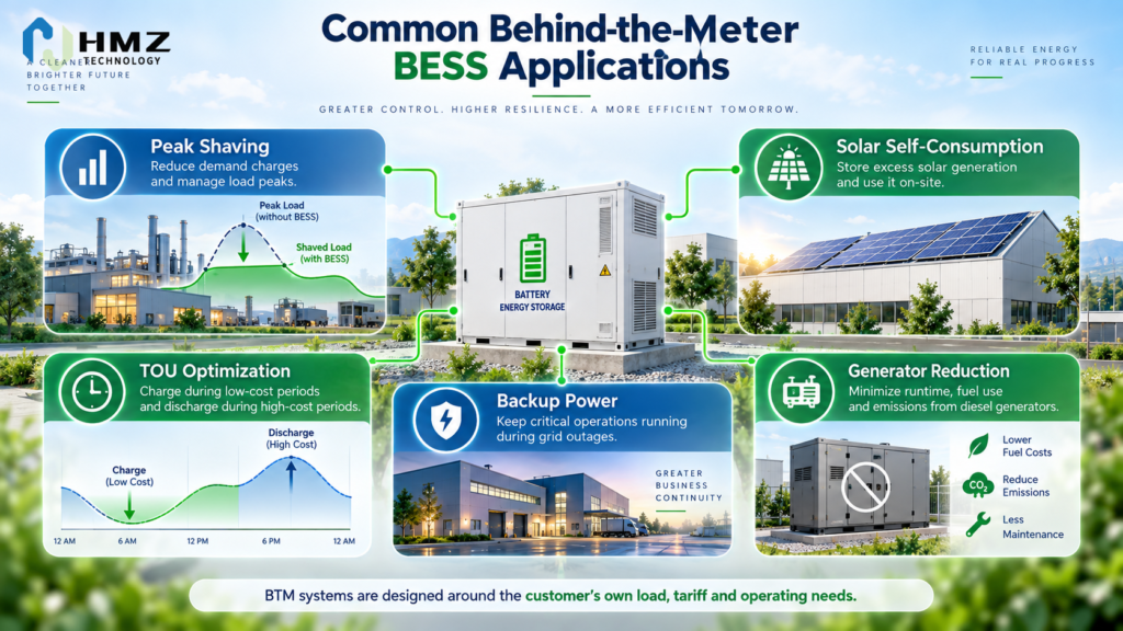 Behind-the-Meter vs Front-of-Meter Battery Position

Alt Text:
Behind the meter and front of meter battery storage positions relative to utility meter and grid

Caption:
BTM storage sits on the customer side of the meter, while FTM storage connects more directly to the utility grid.

Description:
HMZ Technology infographic showing the physical and electrical difference between behind-the-meter and front-of-meter battery storage relative to the grid, meter and facility load.