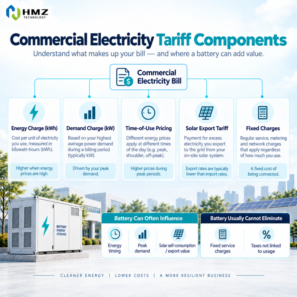 Commercial Electricity Tariff Components and BESS
Alt Text:
Commercial electricity tariff components including energy charges demand charges time of use pricing and solar export rates
Caption:
Battery storage economics begin with understanding which parts of the electricity bill can actually be changed.
Description:
HMZ Technology infographic showing commercial electricity tariff components and identifying where battery storage may create value through peak shaving, energy shifting and solar self-consumption.Commercial Electricity Tariff Components and BESS
Alt Text:
Commercial electricity tariff components including energy charges demand charges time of use pricing and solar export rates
Caption:
Battery storage economics begin with understanding which parts of the electricity bill can actually be changed.
Description:
HMZ Technology infographic showing commercial electricity tariff components and identifying where battery storage may create value through peak shaving, energy shifting and solar self-consumption.