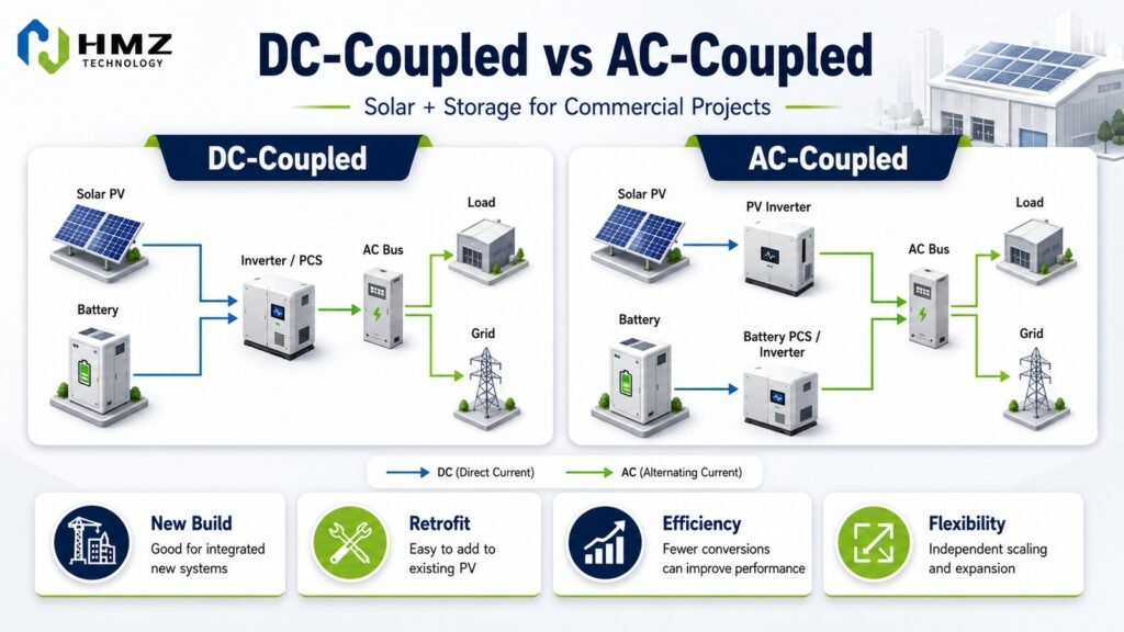 DC vs AC Coupled Solar Storage Architecture

Alt Text:
DC coupled and AC coupled solar battery storage system architecture for commercial projects
