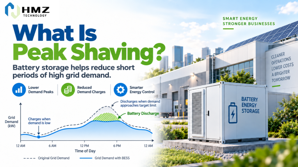 Battery peak shaving diagram showing reduced grid demand during a commercial load peak

Caption:
Battery storage supplies part of the facility load during high-demand periods, reducing the peak seen by the grid.

Description:
HMZ Technology infographic showing a commercial load profile before and after battery peak shaving, with the battery charging during lower-demand periods and discharging during the peak.