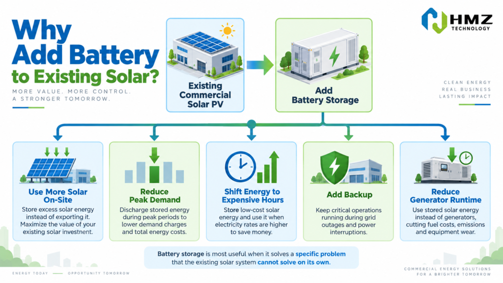 Why Add Battery Storage to Existing Commercial Solar?

Alt Text:
Reasons to add battery storage to an existing commercial solar system including self consumption peak shaving backup and tariff optimization

Caption:
Battery storage is most useful when it solves a specific problem that the existing solar system cannot solve on its own.

Description:
HMZ Technology infographic showing the main reasons commercial solar owners add battery storage: solar self-consumption, peak shaving, tariff optimization, backup power and generator reduction.