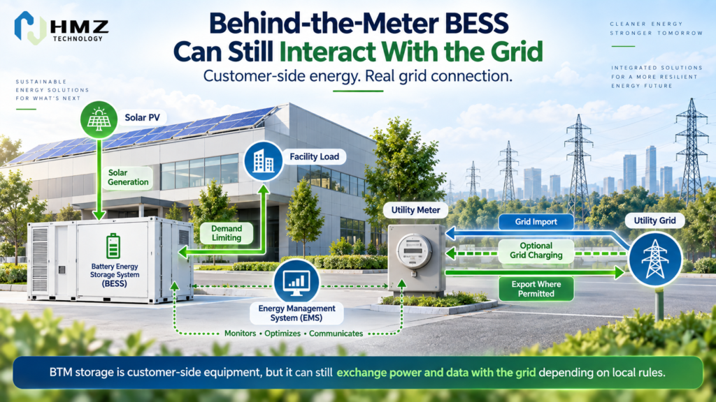 Behind-the-Meter BESS Applications

Alt Text:
Behind the meter battery storage applications including peak shaving solar self consumption backup and tariff optimization

Caption:
BTM systems are designed around the customer's own load, tariff and operating requirements.

Description:
HMZ Technology infographic showing the main commercial behind-the-meter battery applications: peak shaving, solar self-consumption, time-of-use optimization, backup and generator reduction.