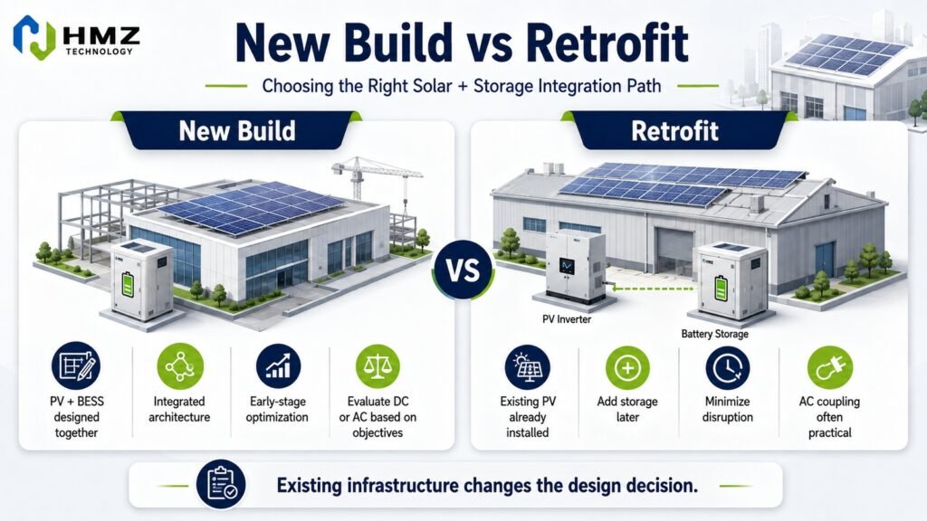 new-build-vs-retrofit-solar-storage-coupling.jpg

Title:
New Build vs Retrofit Solar Storage Architecture

Alt Text:
New commercial solar storage project compared with retrofit battery storage project

Caption:
New-build projects allow PV and storage to be designed together, while retrofit projects must work around existing equipment.