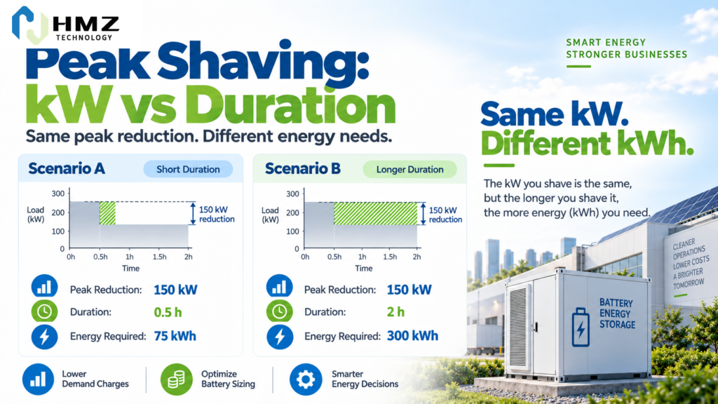 Peak shaving battery sizing based on required power reduction and duration of peak demand

Caption:
Peak shaving starts with the required kW reduction, while kWh depends on how long the peak lasts.

Description:
HMZ Technology infographic comparing two peak-shaving events with the same 150 kW reduction but different durations and energy requirements.