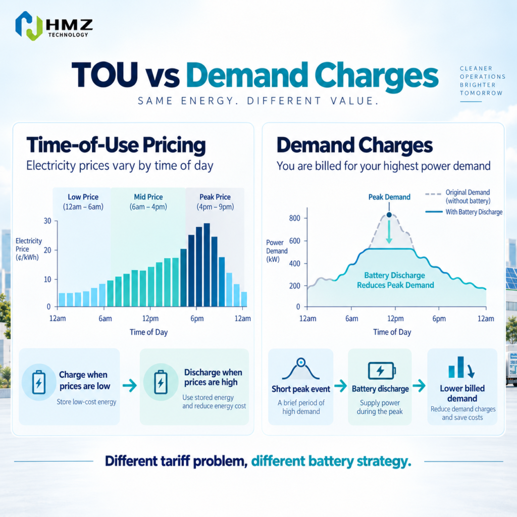 TOU vs Demand Charge Battery Storage Strategy
Alt Text:
Time of use pricing versus demand charge battery storage strategy for commercial customers
Caption:
TOU optimization focuses on when energy is used. Demand-charge management focuses on how high the grid power becomes.
Description:
HMZ Technology comparison infographic showing the difference between time-of-use energy shifting and demand-charge peak shaving in commercial battery storage projects.