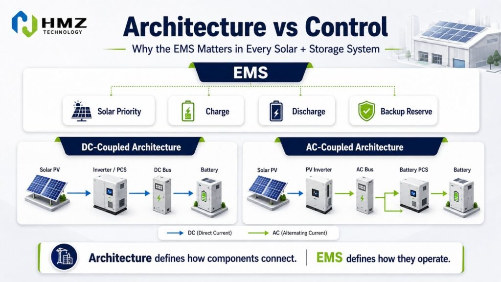 Solar Storage Architecture vs EMS Control

Alt Text:
DC coupled and AC coupled solar storage architectures under EMS control

Caption:
Architecture defines how components connect. EMS defines how they operate.
