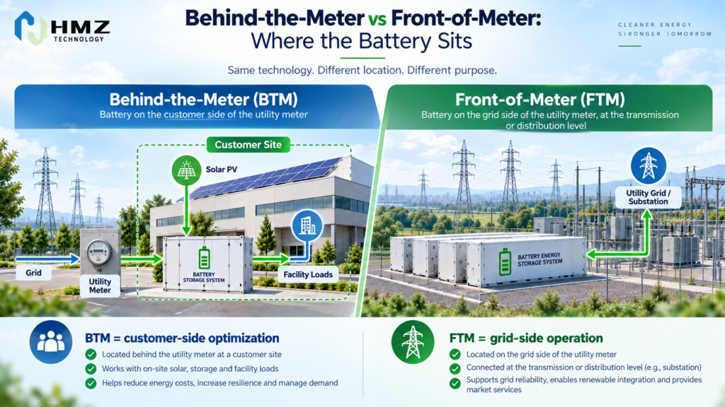 BTM vs FTM Battery Storage Business Model

Alt Text:
Behind the meter versus front of meter battery storage business model and value streams

Caption:
BTM storage creates value mainly at the customer site, while FTM storage earns value through grid or market participation.

Description:
HMZ Technology comparison infographic showing the different value streams, owners and operating priorities of BTM and FTM battery storage.