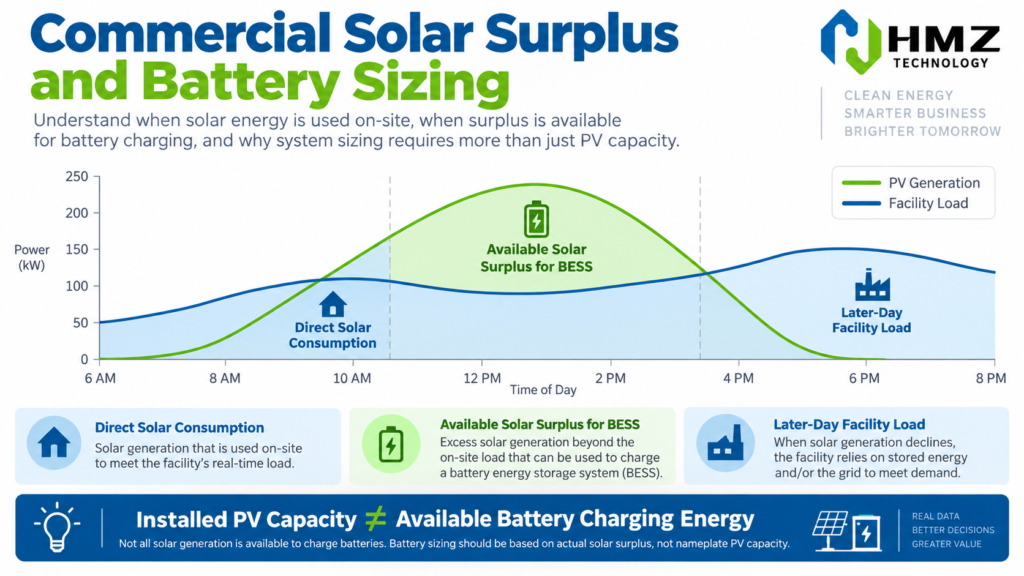 Commercial solar surplus analysis used to determine battery storage capacity for an existing PV system

Caption:
Battery capacity should reflect the amount of excess solar actually available, not simply the total PV capacity installed on the roof.

Description:
HMZ Technology infographic showing a commercial daily solar and load curve with self-consumed PV, exported surplus and the portion potentially available for battery charging.
